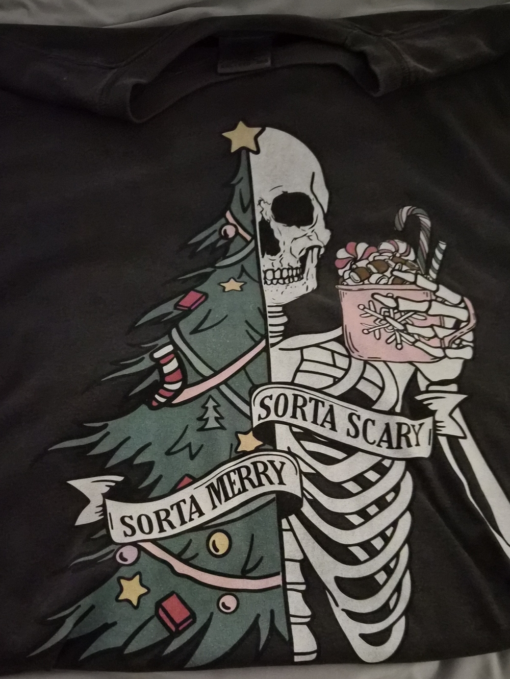 Sorta Merry Sorta Scary Christmas Skeleton Graphic Tee - Black